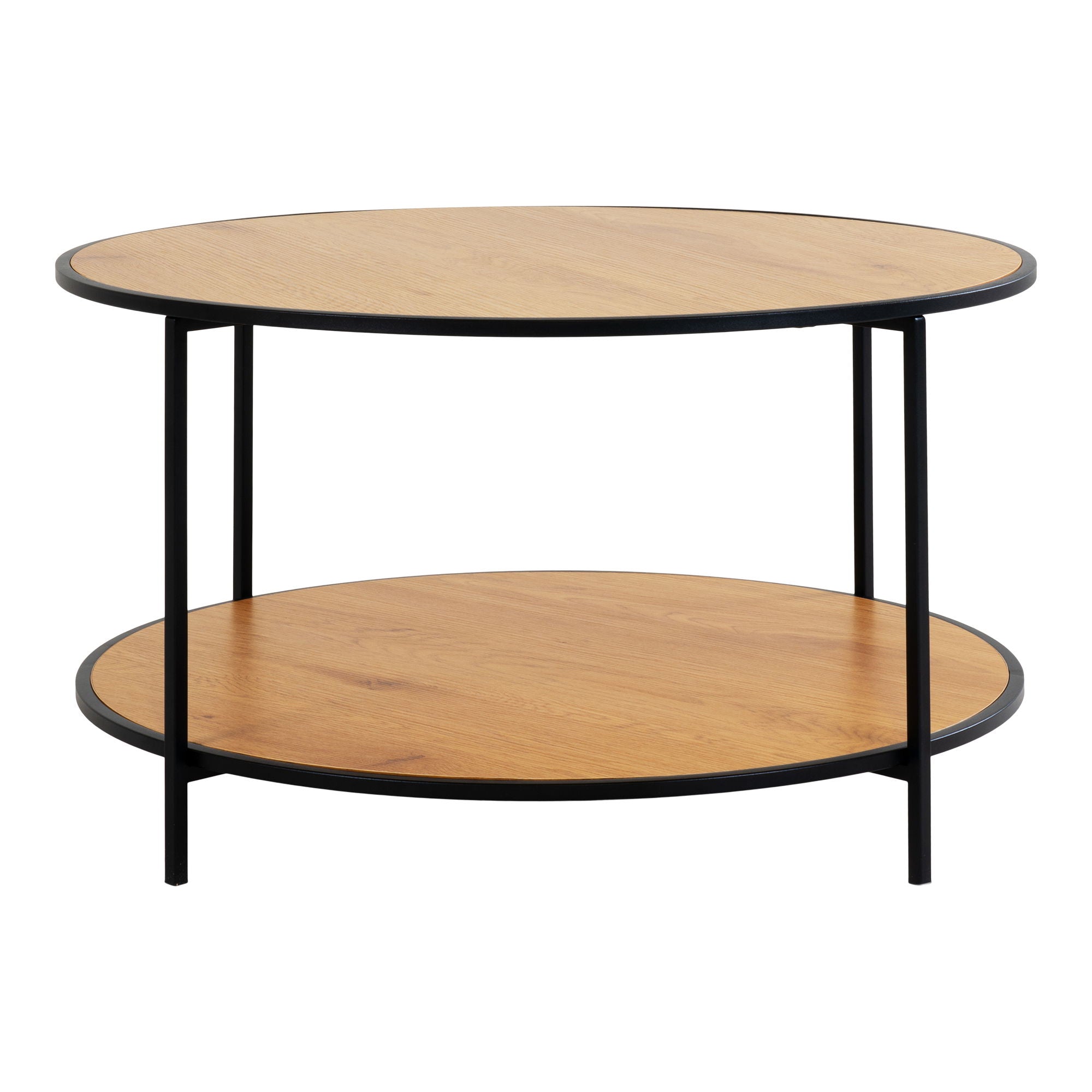 House Nordic Vita salontafel met dubbele plank in ronde eikenlook melamine en slank zwart metalen frame
